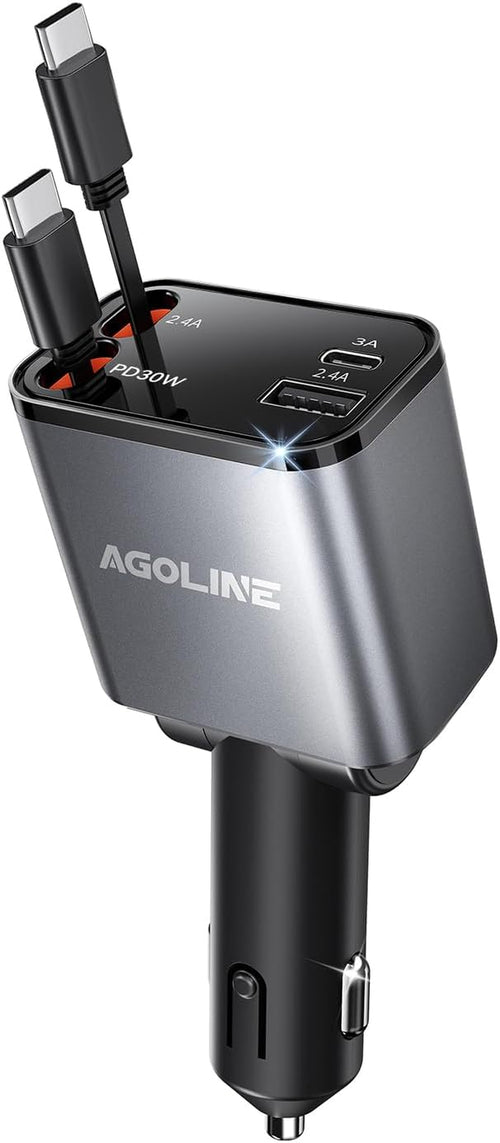 Retractable Car Charger 4 in 1,Smaller Fast Car Phone Charger with Dual Type C Retractable Cords, USB C Car Adapter,Compatible for Phone 16 15 14 13 12,Galaxy,Pixel