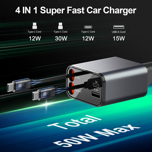 Retractable Car Charger 4 in 1,Smaller Fast Car Phone Charger with Dual Type C Retractable Cords, USB C Car Adapter,Compatible for Phone 16 15 14 13 12,Galaxy,Pixel