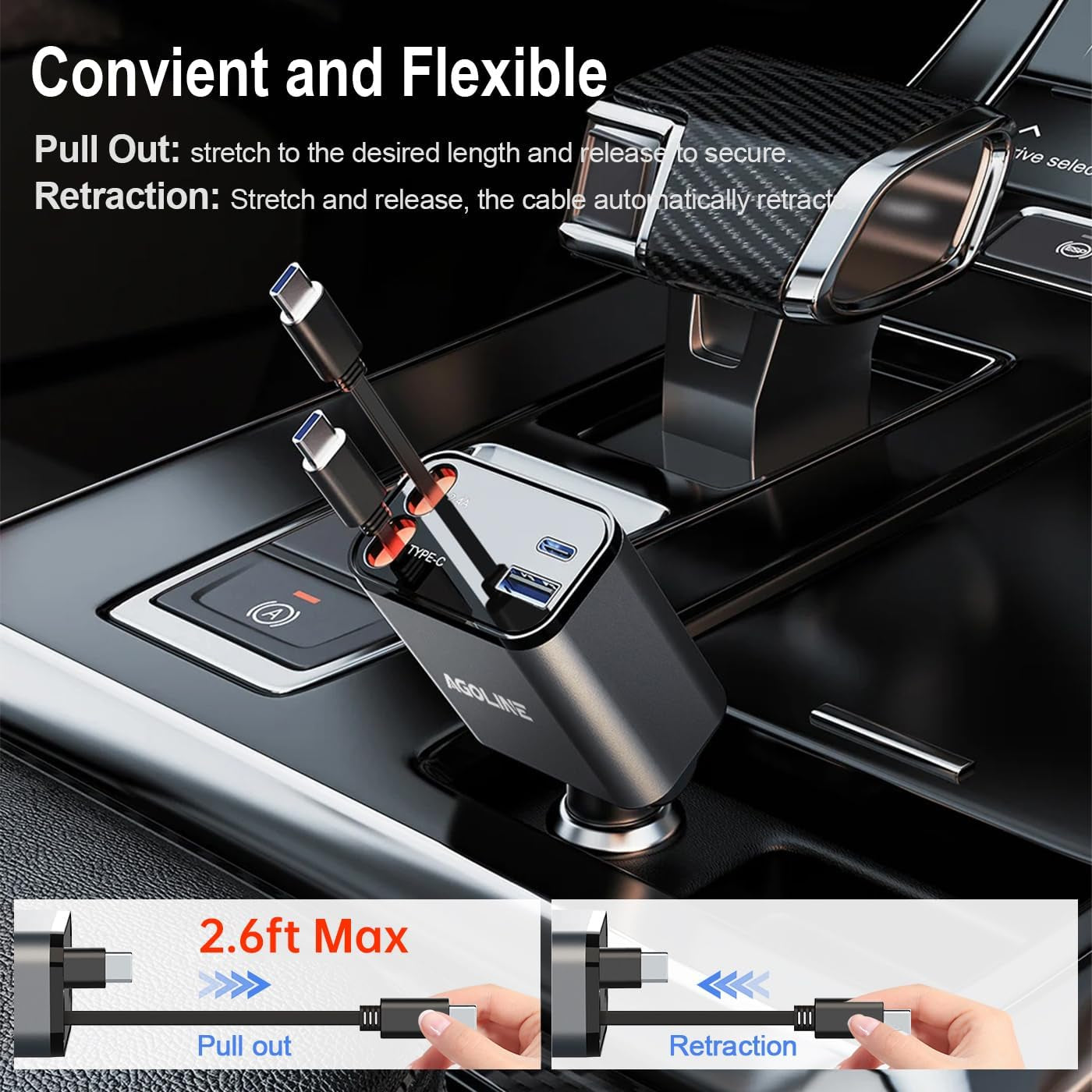 Retractable Car Charger 4 in 1,Smaller Fast Car Phone Charger with Dual Type C Retractable Cords, USB C Car Adapter,Compatible for Phone 16 15 14 13 12,Galaxy,Pixel
