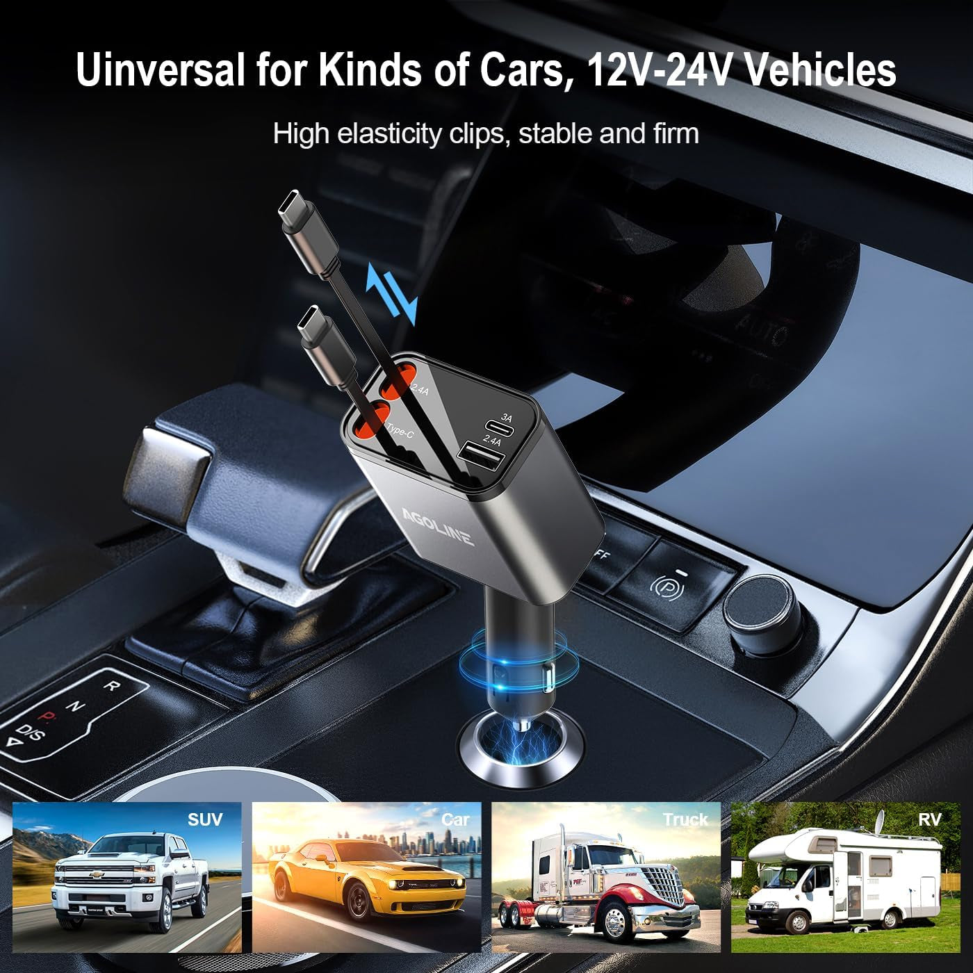 Retractable Car Charger 4 in 1,Smaller Fast Car Phone Charger with Dual Type C Retractable Cords, USB C Car Adapter,Compatible for Phone 16 15 14 13 12,Galaxy,Pixel