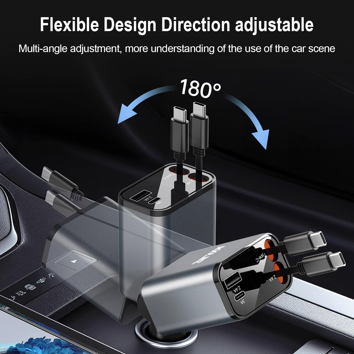 Retractable Car Charger 4 in 1,Smaller Fast Car Phone Charger with Dual Type C Retractable Cords, USB C Car Adapter,Compatible for Phone 16 15 14 13 12,Galaxy,Pixel